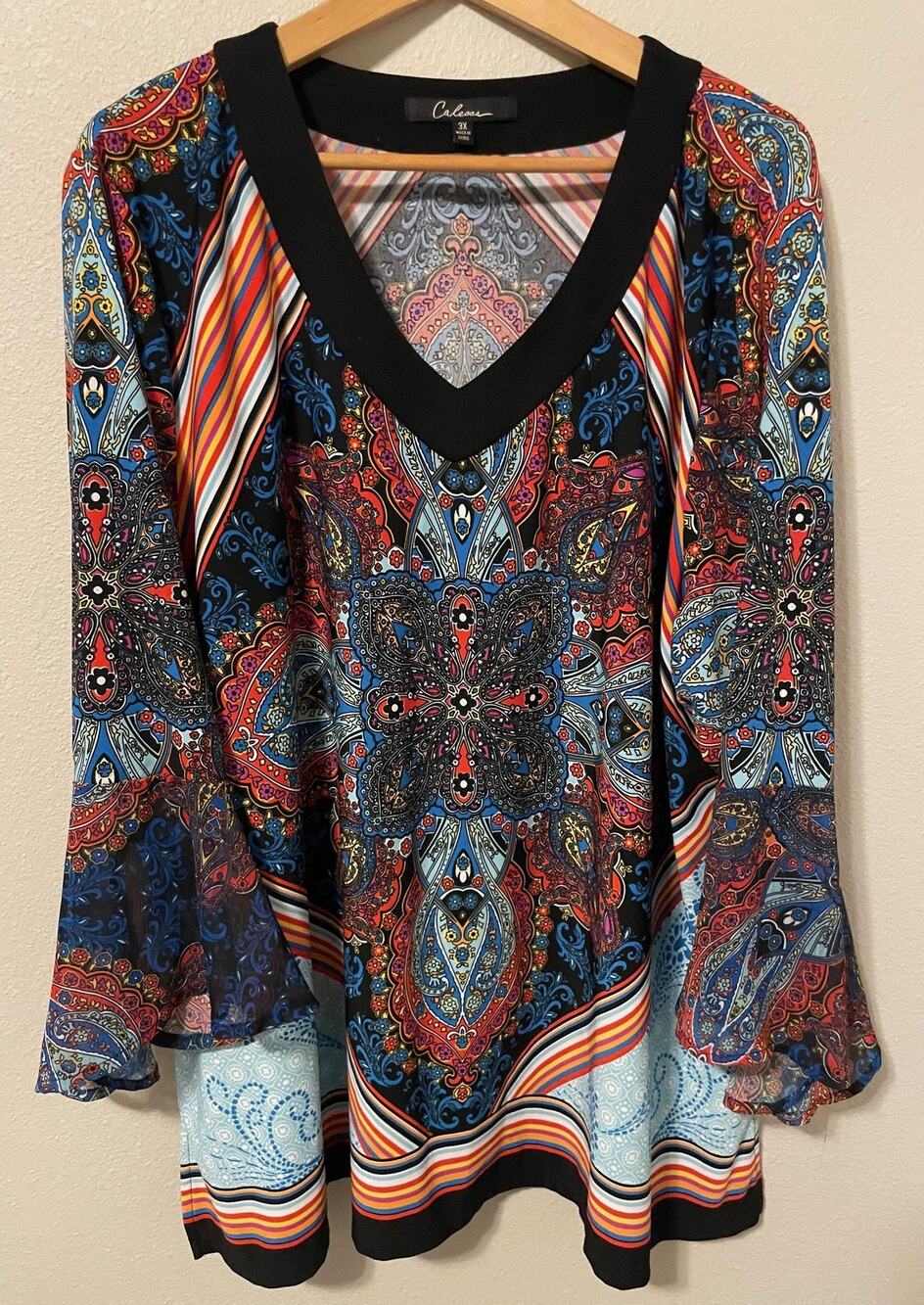 Calessa Tunic Top Womens 3X Multicolor Paisley Bell Sleeve Stretch Boho Artsy